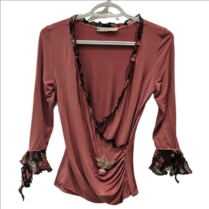 ECHO Wrap Blouse Rose Color Lace Trim Brooch 3/4 Sleeve Lightweight Womens 42